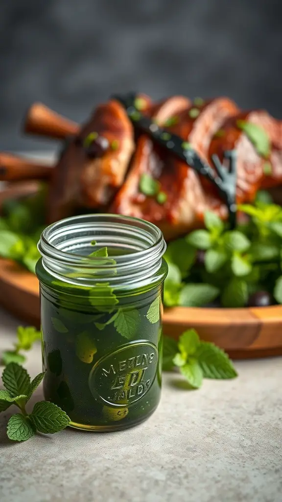 A jar of mint jelly with fresh mint leaves, alongside a platter of sliced lamb.