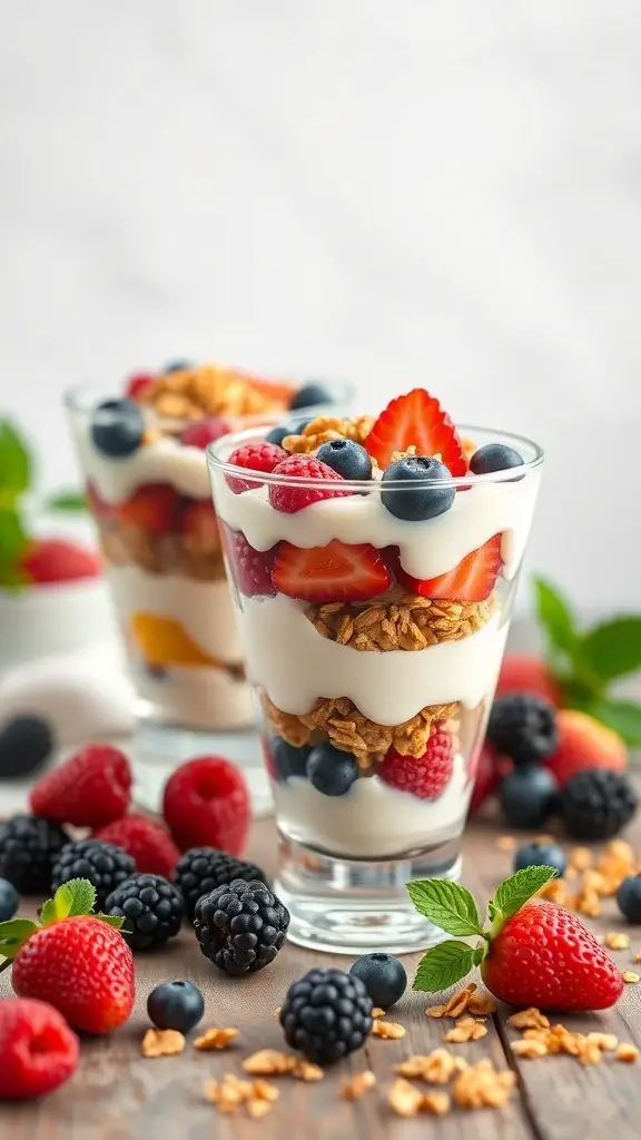 Colorful fruit and yogurt parfaits with layers of yogurt, granola, and fresh berries.
