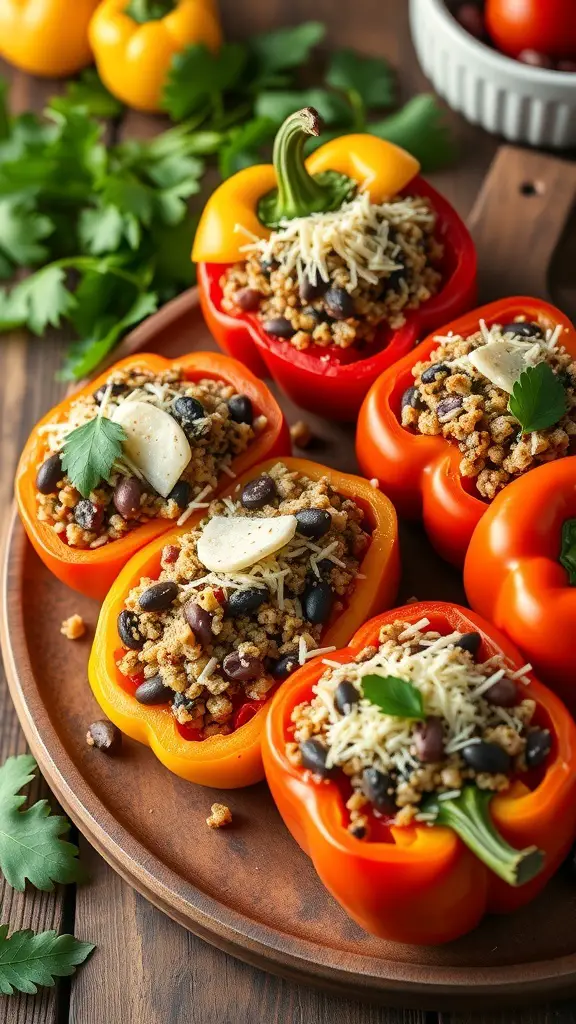Colorful quinoa and black bean stuffed peppers on a wooden platter, garnished with herbs.