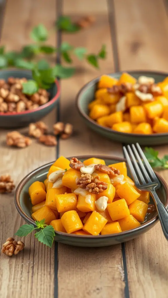 A plate of butternut squash gnocchi topped with walnuts and herbs