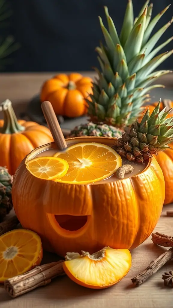 A carved pumpkin filled with pineapple punch, surrounded by pineapples and small pumpkins.