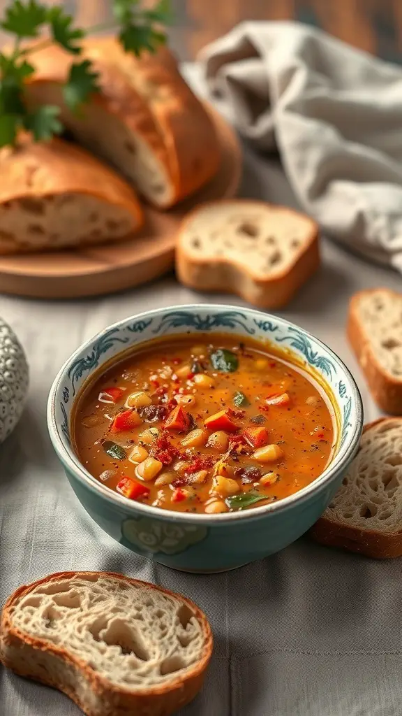 A bowl of lentil soup with smoked paprika, surrounded by slices of bread.