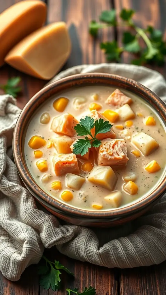 A bowl of salmon chowder with corn, garnished with parsley, on a wooden table.