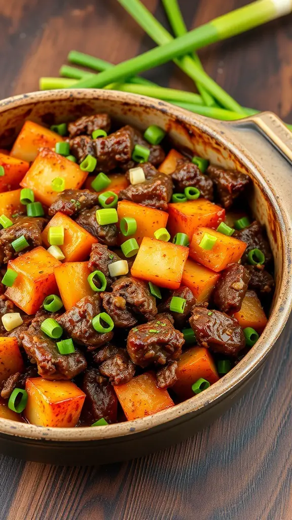 BBQ Beef and Potato Casserole with diced beef, potatoes, and green onions