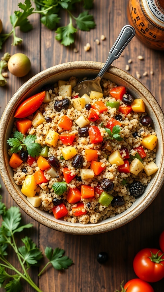 A bowl of colorful Harvest Vegetable Quinoa Salad with diced vegetables and quinoa.