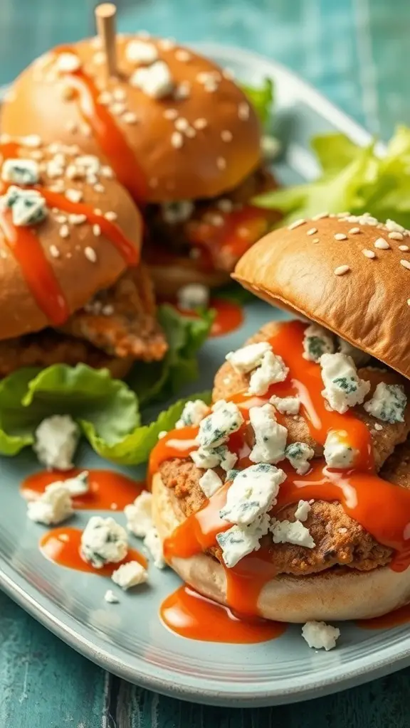Buffalo chicken burgers topped with blue cheese and hot sauce on a plate