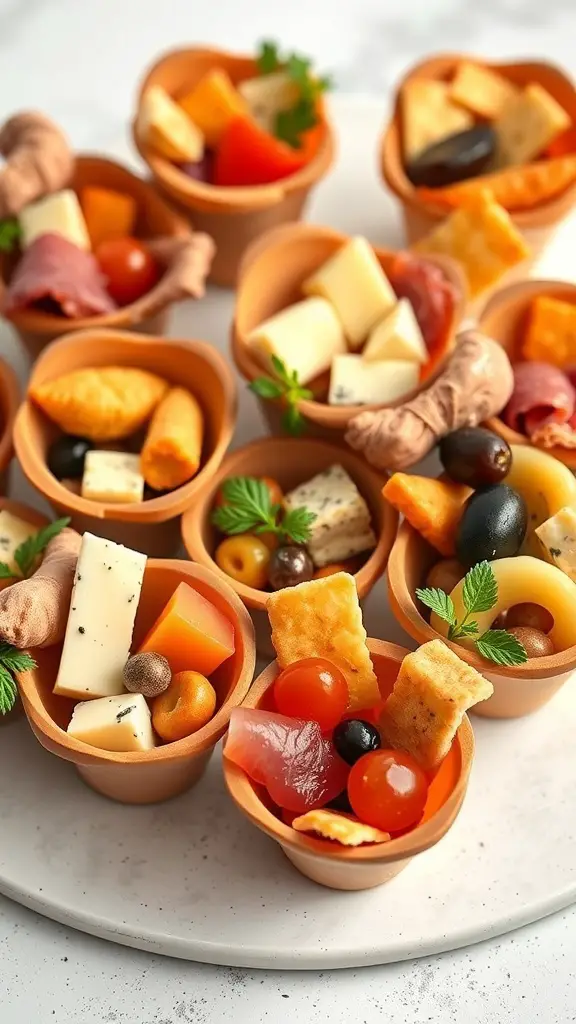Miniature charcuterie cups filled with cheese, meats, olives, and crackers