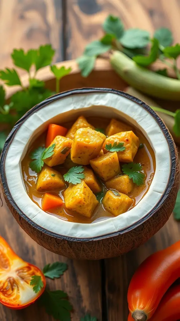 A bowl of Coconut Curry Chicken Stew with colorful vegetables and herbs