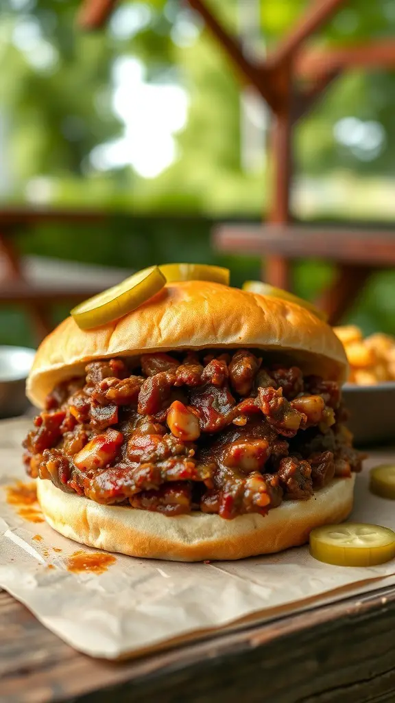 A close-up of a BBQ Beef Sloppy Joe sandwich with pickles on a bun.