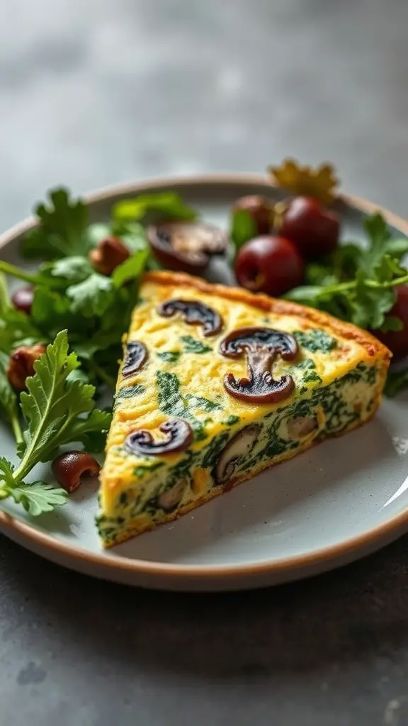A slice of mushroom and spinach frittata served with greens and grapes on a plate.