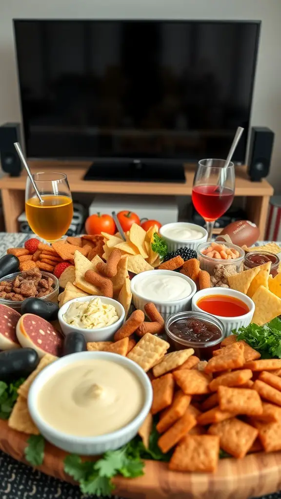 A colorful game day snack board with various snacks, dips, and drinks, set up in front of a TV.