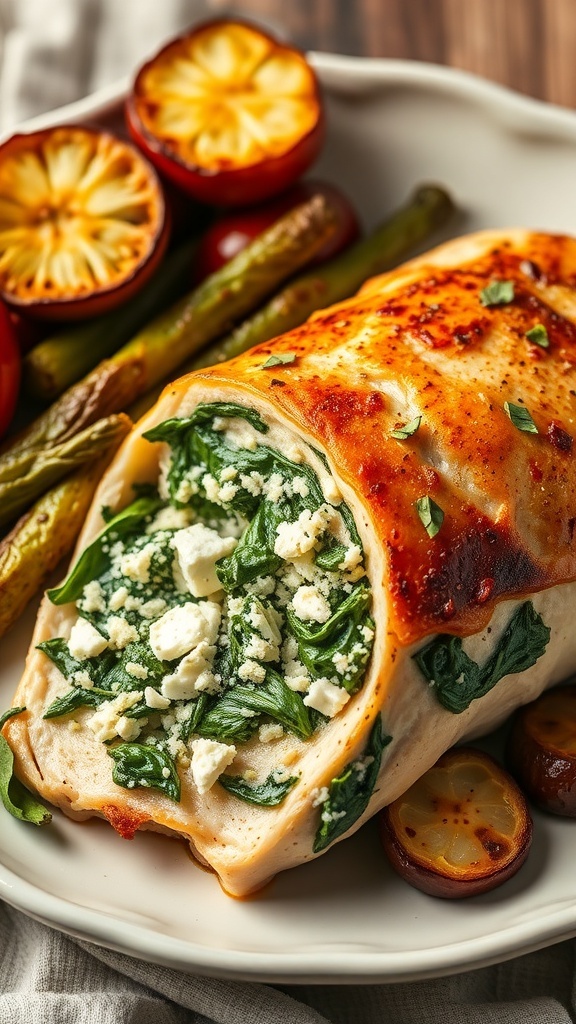 Savory Spinach and Feta Stuffed Chicken with roasted vegetables