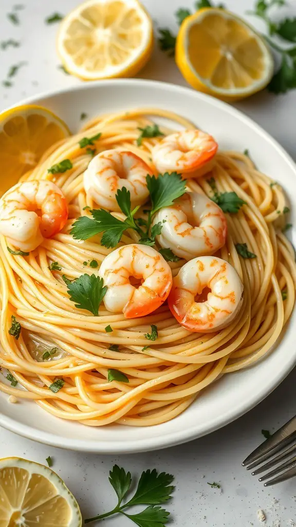 A plate of garlic butter shrimp spaghetti garnished with parsley and lemon slices.