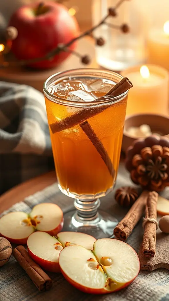 A glass of spiced apple cider fizz with a cinnamon stick, surrounded by sliced apples and cinnamon sticks, evoking a cozy fall atmosphere.