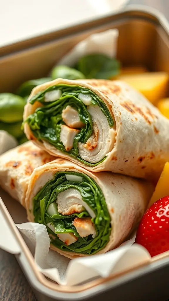 Grilled chicken and spinach wrap in a lunch box with fruits