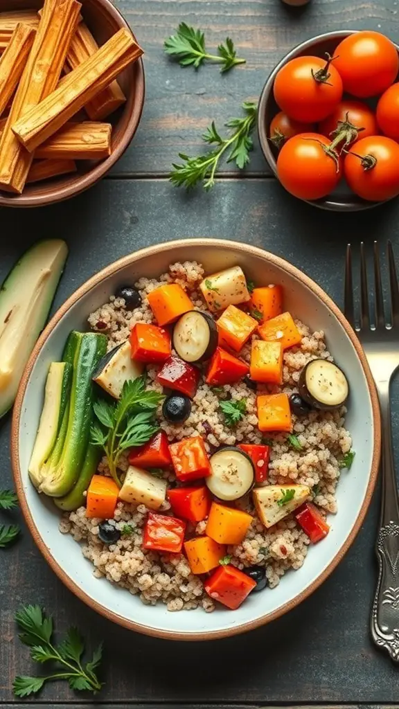 A bowl of roasted vegetables and quinoa with fresh herbs, served alongside cherry tomatoes and wooden sticks.
