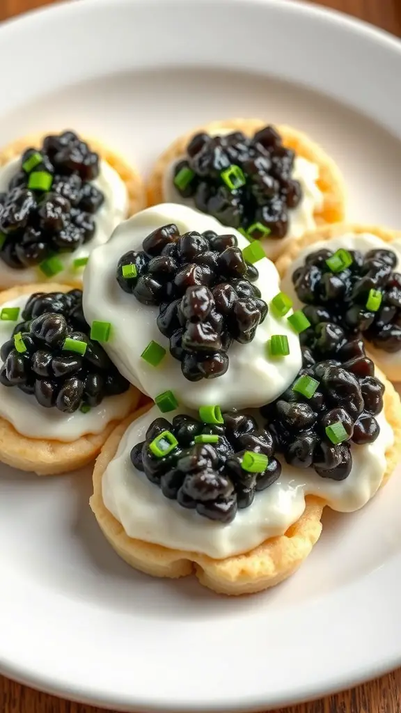 Plate of classic blini topped with caviar and crème fraîche, garnished with chives.