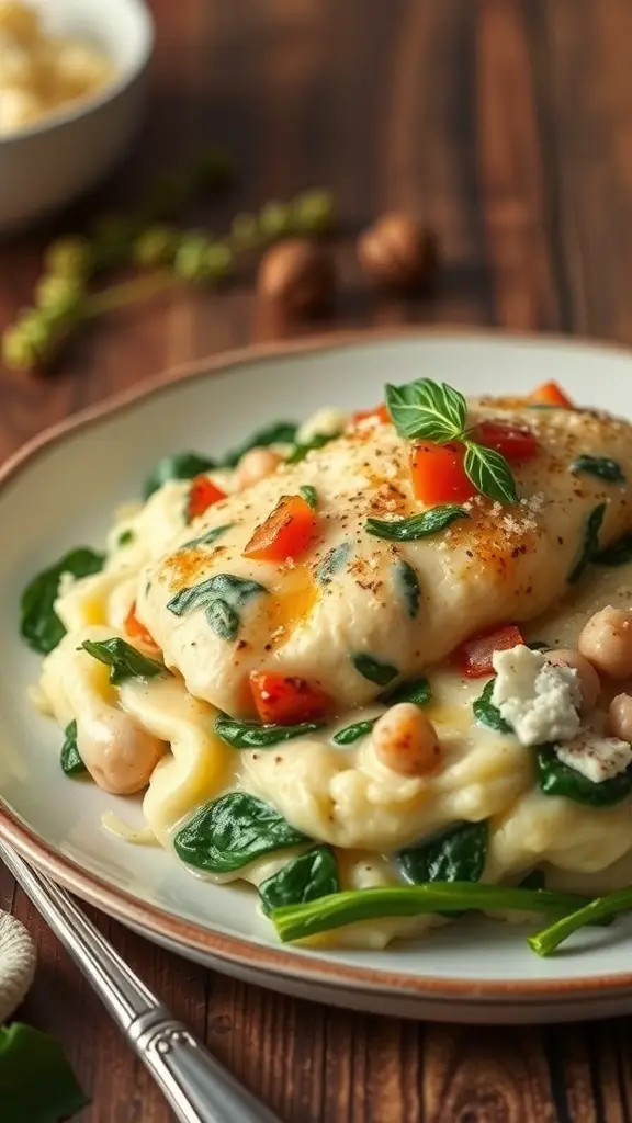 A plate of creamy Tuscan chicken served over spinach mashed potatoes, garnished with fresh herbs and colorful vegetables.