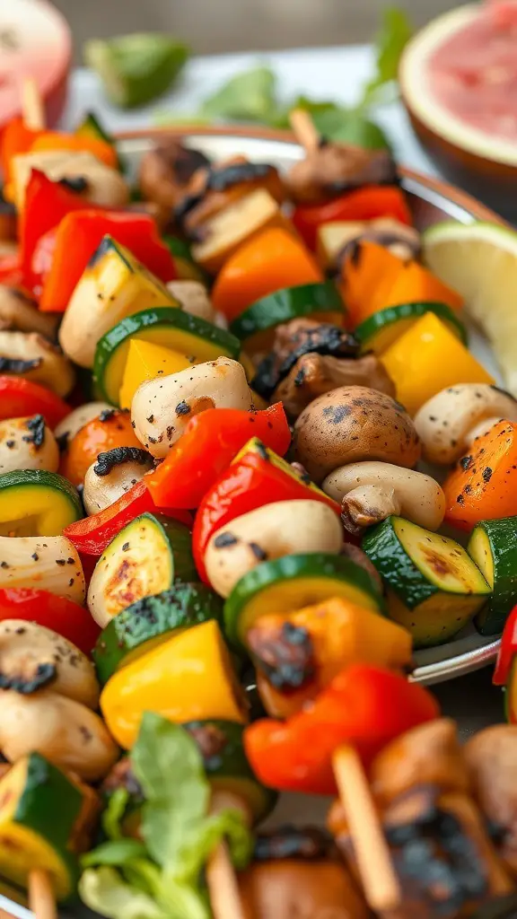 Colorful grilled vegetable skewers with bell peppers, zucchini, mushrooms, and cherry tomatoes on a plate.