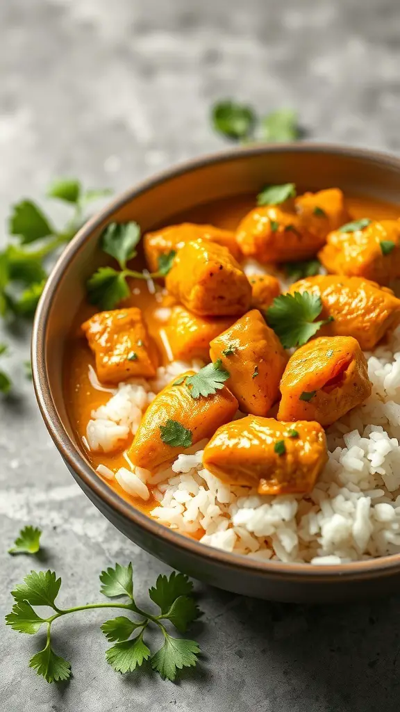 Bowl of coconut curry chicken with rice and cilantro