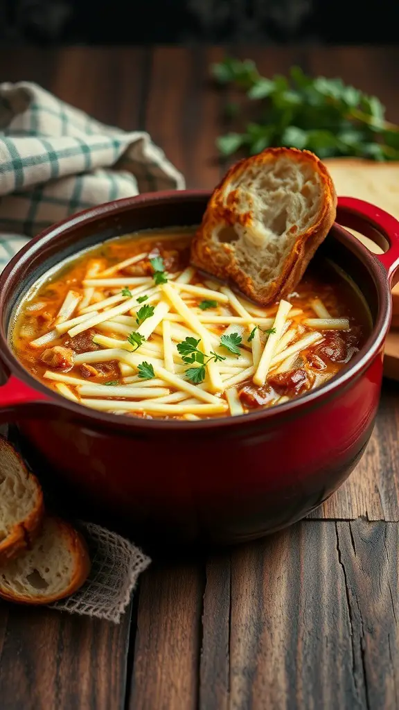 A bowl of classic French onion soup topped with cheese and bread, served in a red Dutch oven.