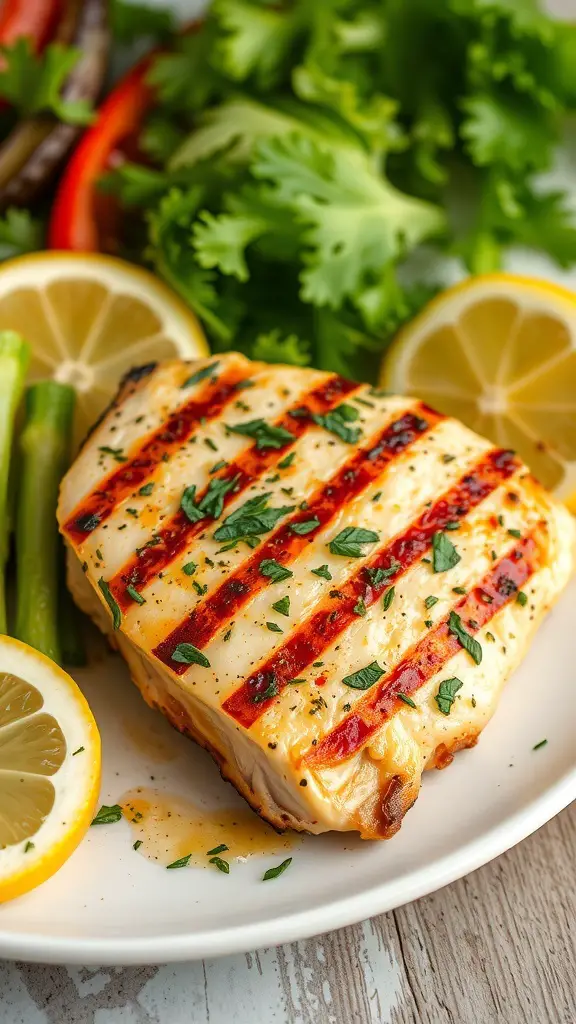 Grilled chicken with herbs and lemon slices on a plate, surrounded by fresh greens and vegetables.
