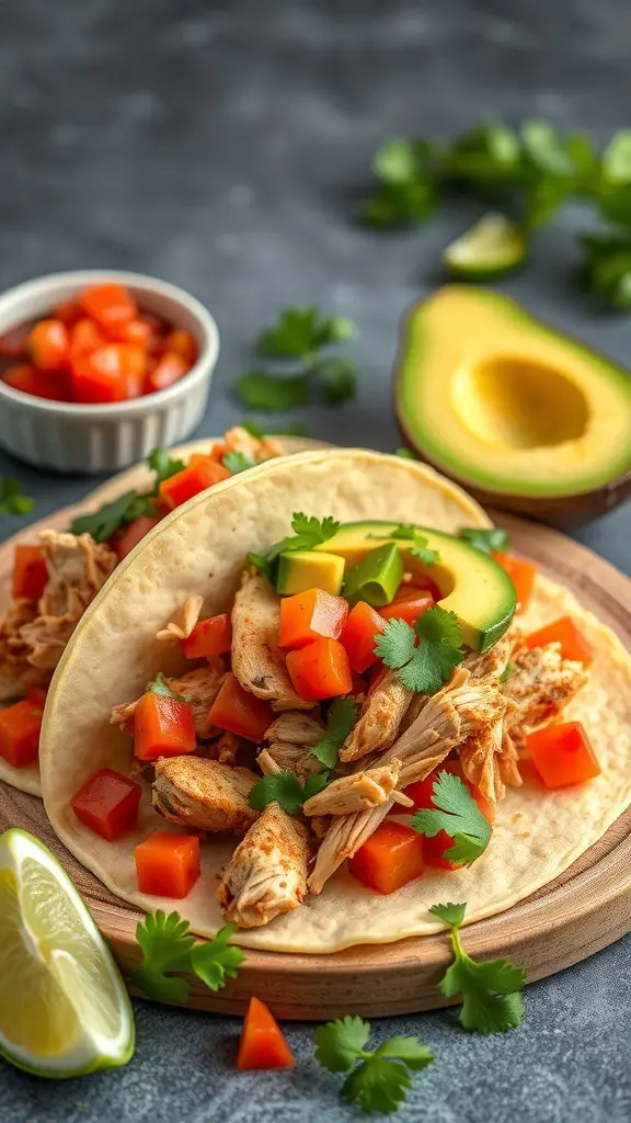 Delicious leftover roast chicken tacos with diced tomatoes, avocado, and cilantro on a wooden plate.