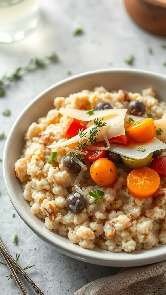 A bowl of savory oatmeal topped with cheese and colorful vegetables.