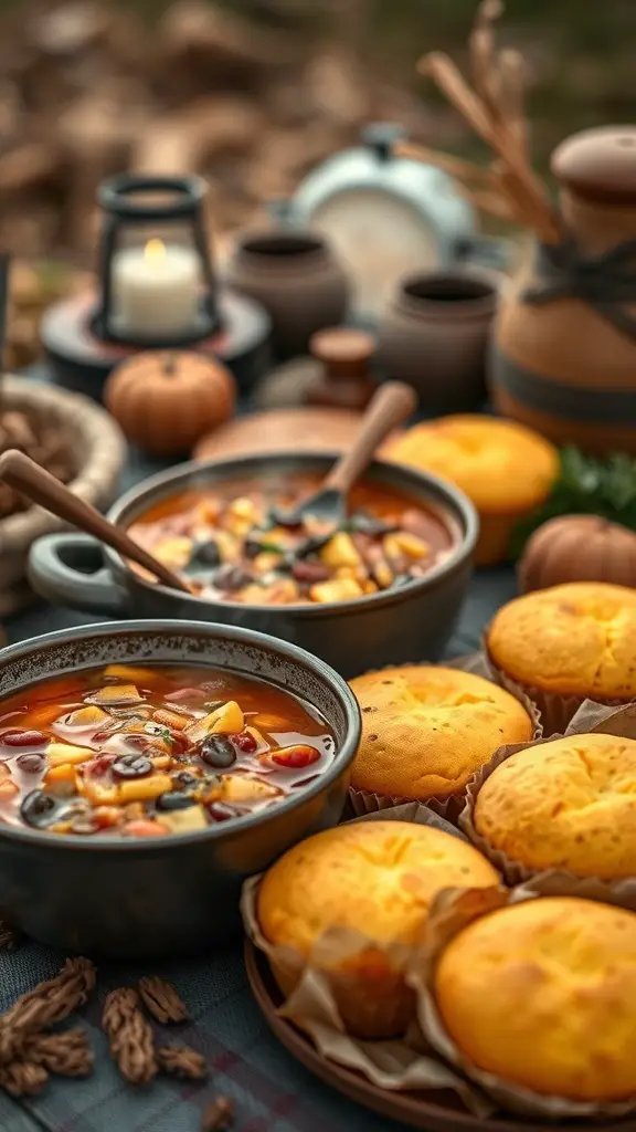 A bowl of chili with cornbread muffins on a picnic table