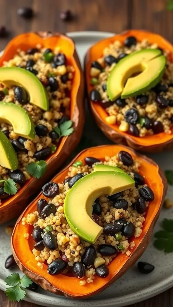 Stuffed sweet potatoes filled with quinoa, black beans, and topped with avocado slices.