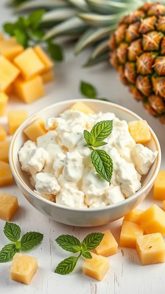 A bowl of cottage cheese topped with pineapple chunks and mint leaves, surrounded by pineapple pieces.
