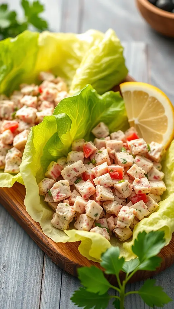Tuna salad in lettuce wraps with diced tomatoes and lemon on a wooden platter