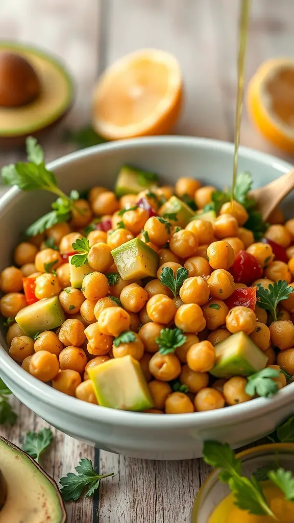 A bowl of chickpea and avocado salad with fresh vegetables and herbs.