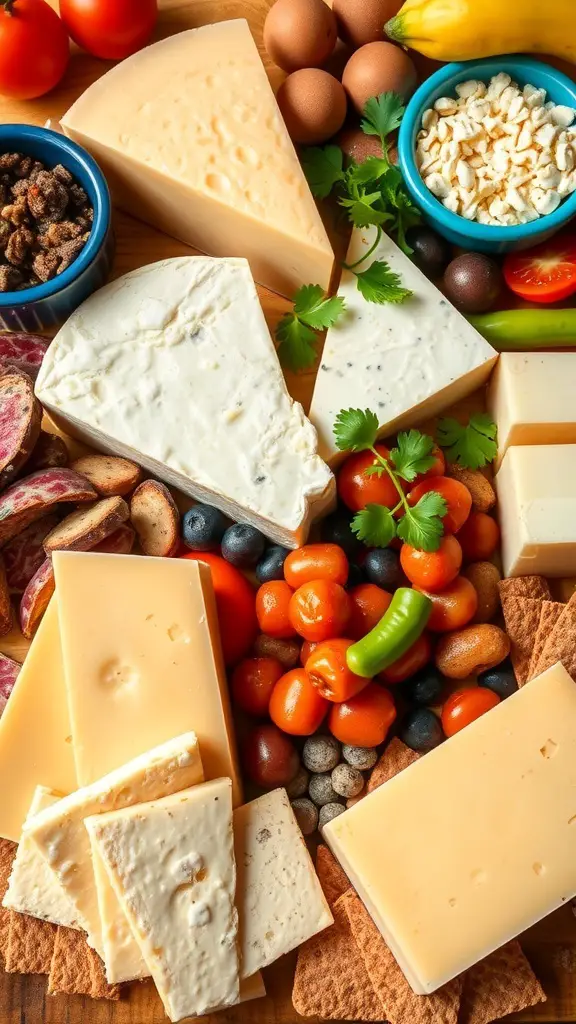 A vibrant assortment of traditional Mexican cheeses and accompaniments on a charcuterie board.