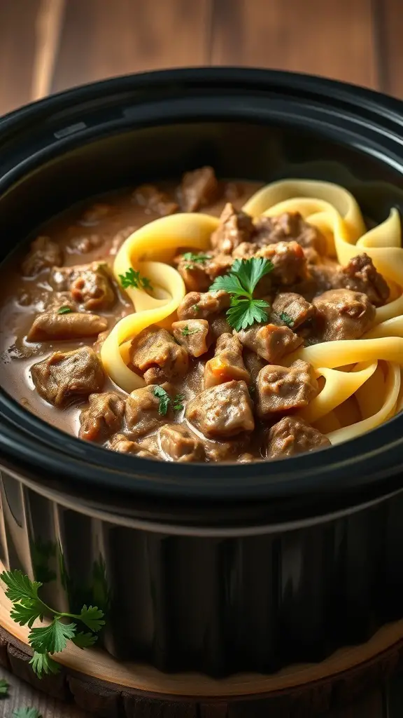 A crockpot filled with Beef Stroganoff Stew, featuring tender beef, egg noodles, and garnished with parsley.