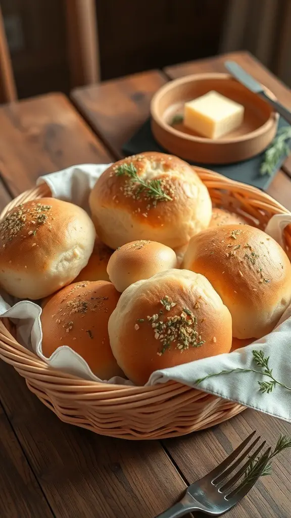 A basket of freshly baked herbed dinner rolls with a side of butter.