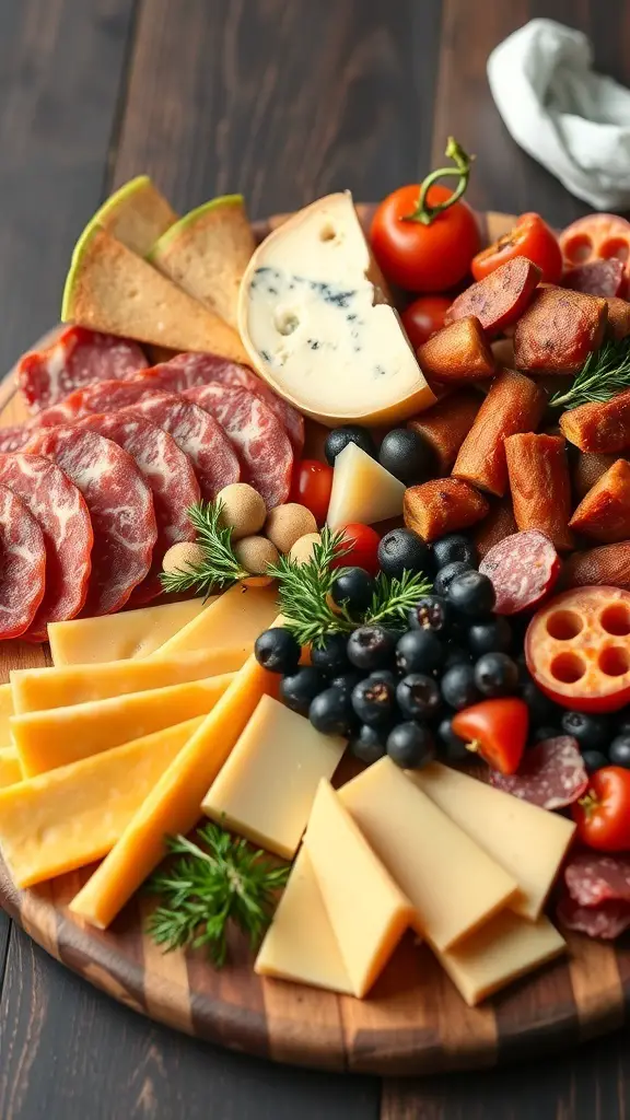 A beautifully arranged charcuterie board featuring various meats, cheeses, fruits, and crackers.