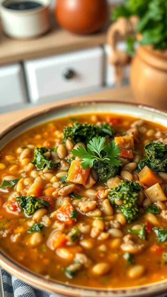 A bowl of lentil and kale stew with colorful vegetables
