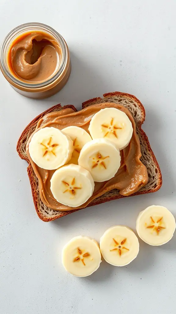 A slice of whole grain bread topped with almond butter and banana slices.
