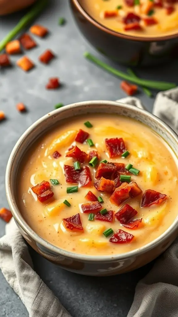 A bowl of creamy sweet potato and bacon chowder topped with crispy bacon and chives.