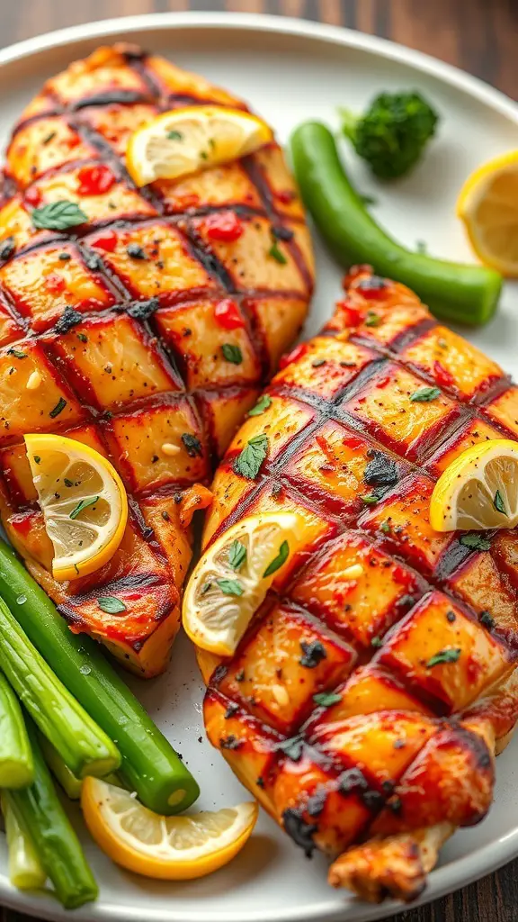 Grilled lemon herb chicken served with lemon slices and green vegetables