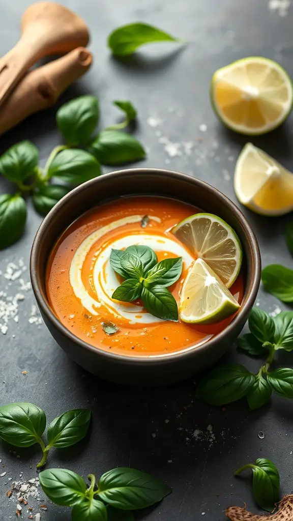 A bowl of Thai sweet potato soup garnished with basil and lime slices
