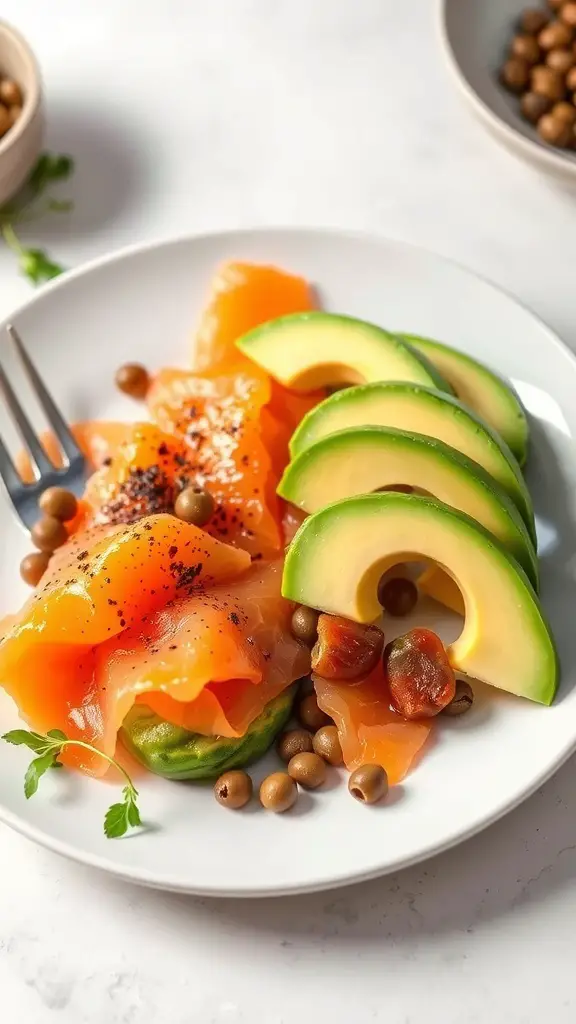 A plate with smoked salmon, avocado slices, and some small round vegetables.