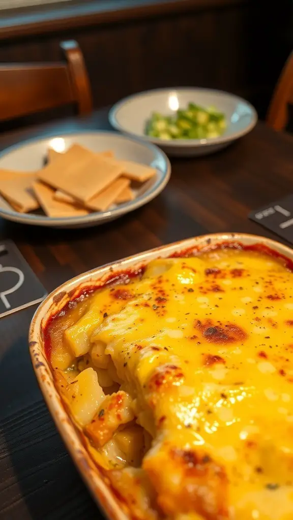 A cheesy potato casserole in a baking dish, with a golden bubbly top, surrounded by plates of crackers and green vegetables.
