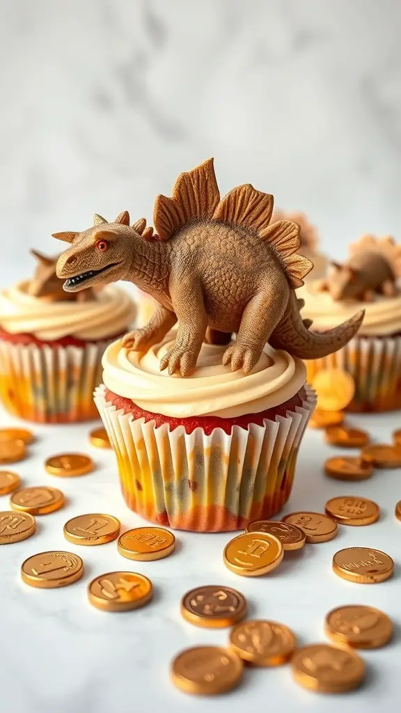 Cupcakes with dinosaur figures and gold coins