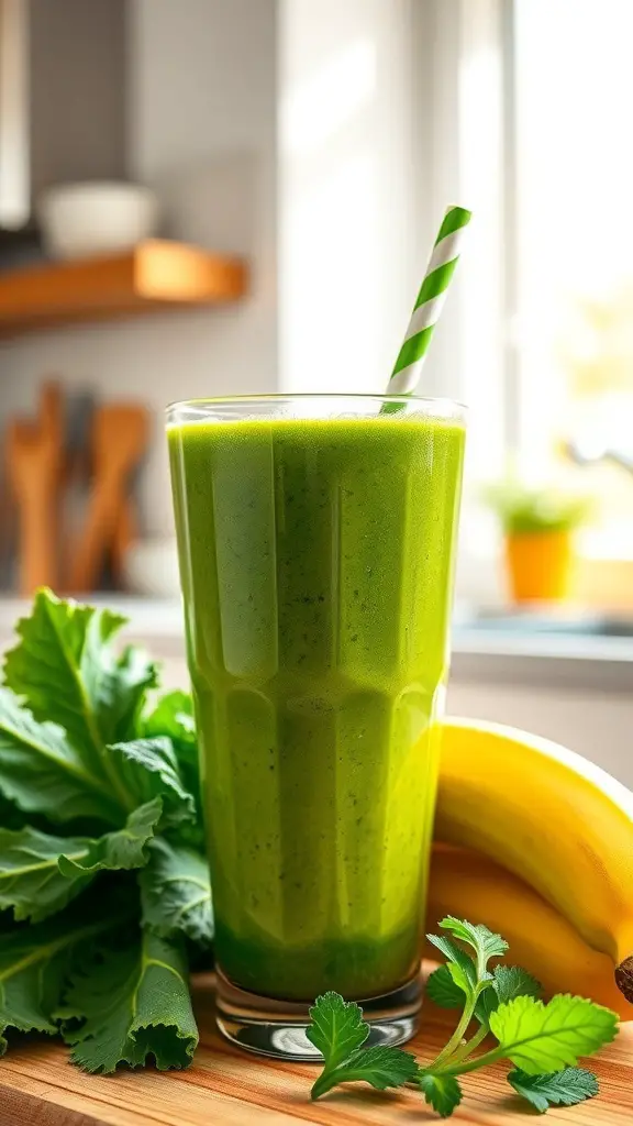 A green smoothie made with kale and banana in a glass with a striped straw, surrounded by fresh kale and a banana.