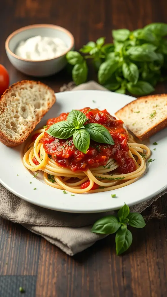 A plate of zucchini noodles topped with marinara sauce and fresh basil, served with a slice of bread.