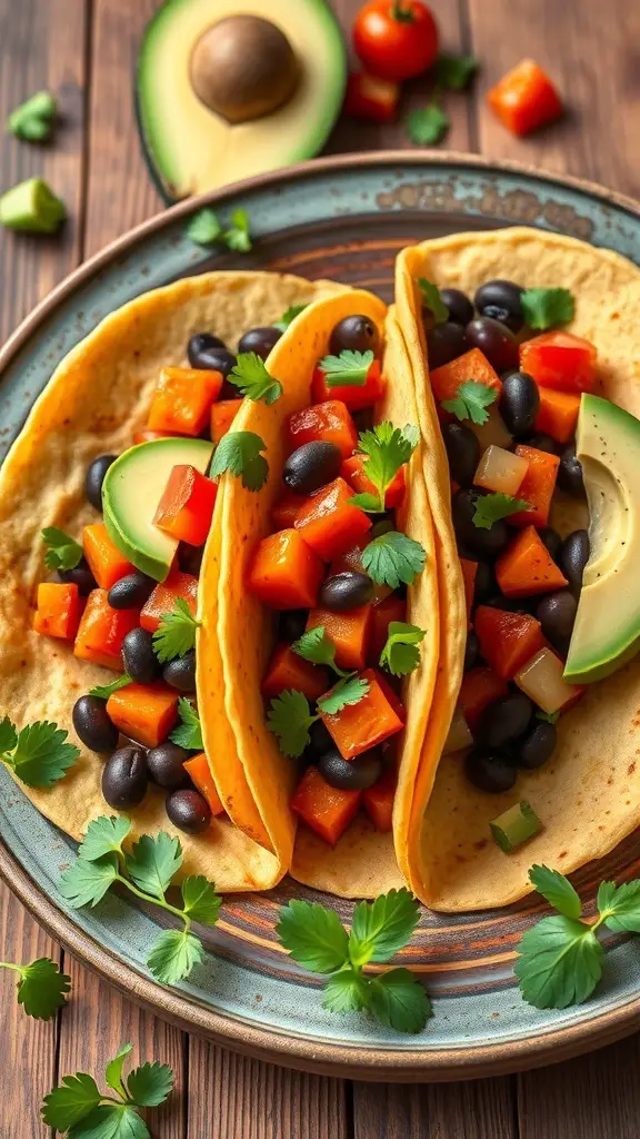 Three sweet potato and black bean tacos on a plate, garnished with cilantro and avocado slices.