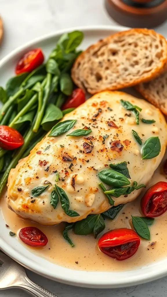 A plate of creamy Tuscan garlic chicken served with greens and bread.