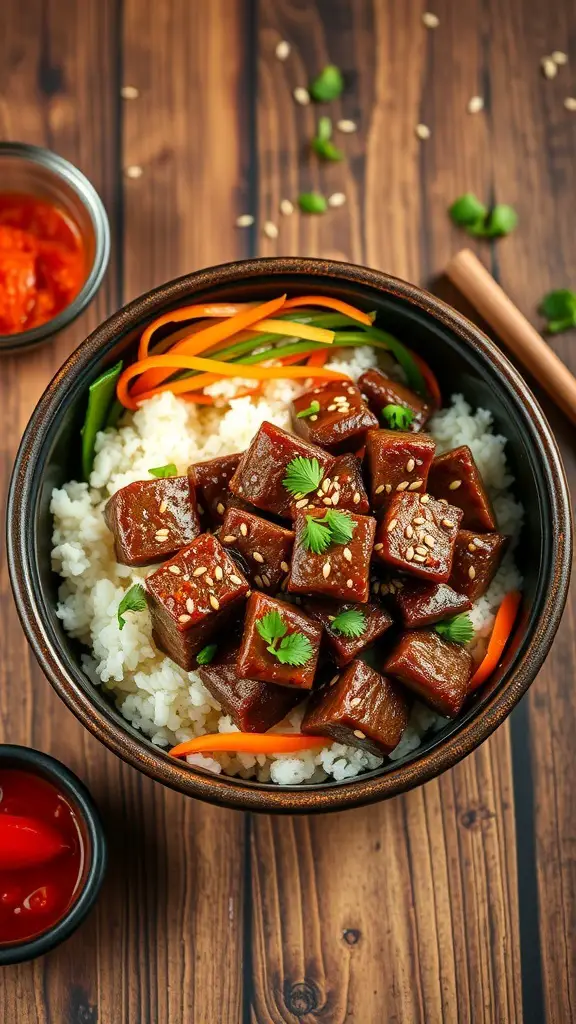 A bowl of spicy Korean beef served over rice with colorful vegetables.